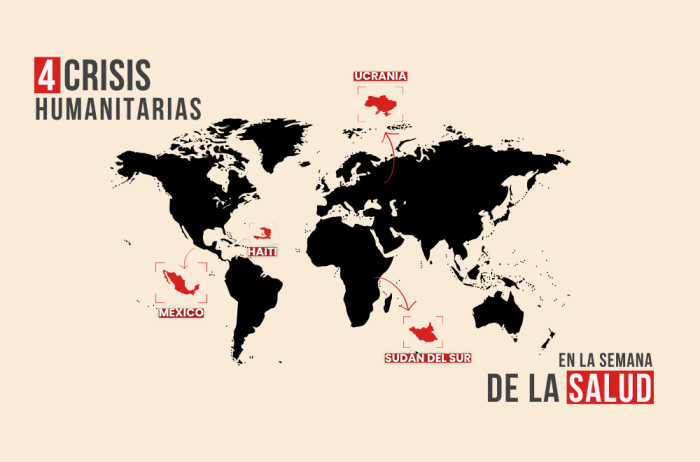 Mapamundi con texto "Semana de la Salud" y México, Haití, Sudán del Sur y Ucrania destacados